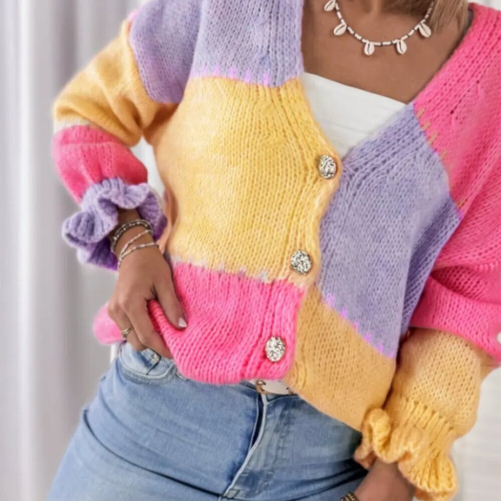 Color Block V-Neck Cardigan - Picture 4 of 4